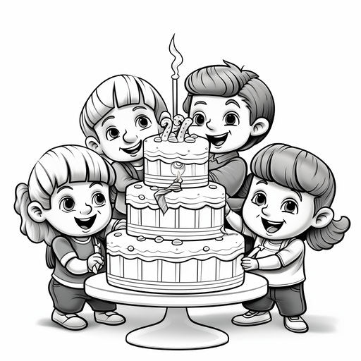 Coloring page with kids in front of a cake