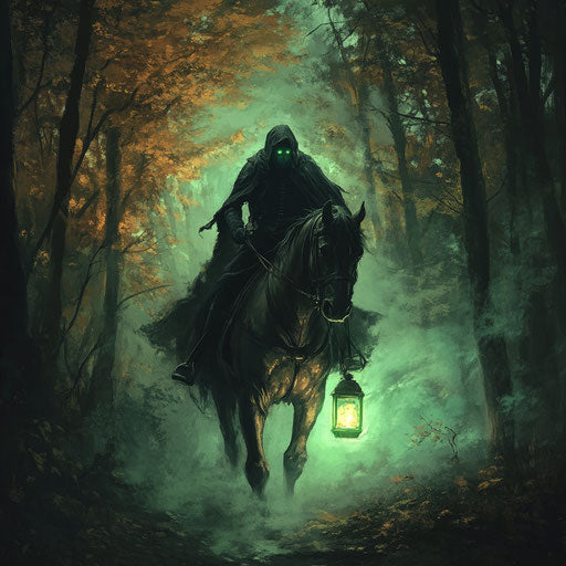 The headless rider in a spooky autumn forest