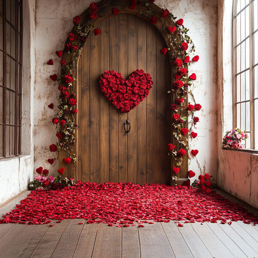 Valentine's Day setting with wooden door adorned with red heart-shaped roses and petals, flowers on ground, and arched window in wall.