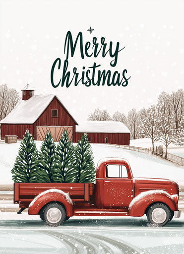Vintage red truck with Christmas trees