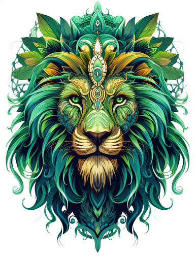 Boho lion on white background, vivid colorism, illuminated visions