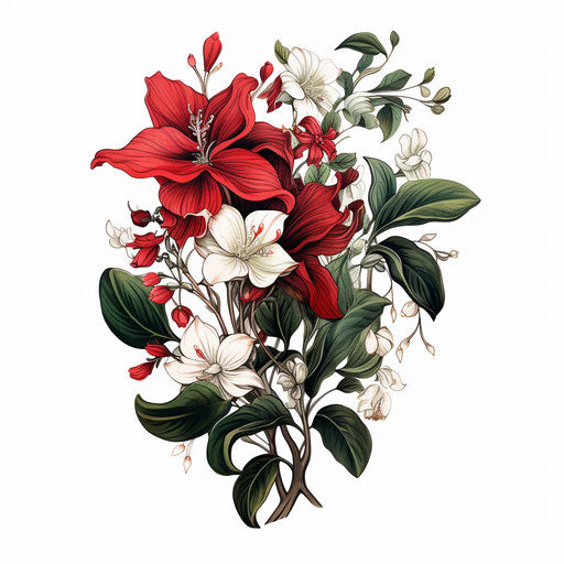 Botanical hand drawn illustration, tattoo style, traditional essence, fine details, botanical accuracy