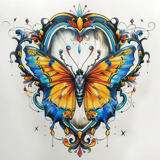 Vibrant tattoo sketch of a mirror reflecting a colorful butterfly, symbolizing transformation, in bright blues and yellows, in a lively clipart style