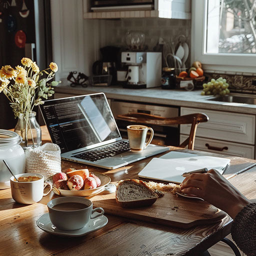 Worker at kitchen table with breakfast