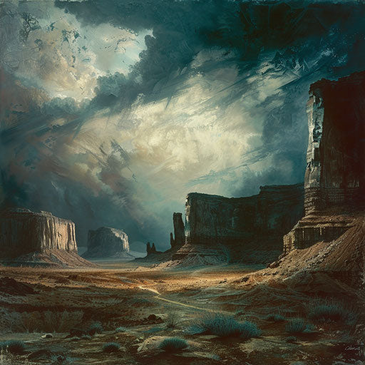 Monument Valley with turbulent sky, Andreas Achenbach style