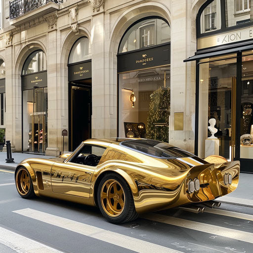 Luxurious Shelby Daytona with gold-plated finish and diamond-encrusted rims outside a high-end boutique.