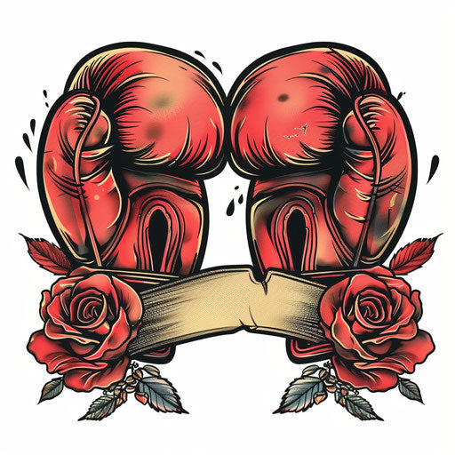 Illustration of traditional boxing gloves tattoo, with a blank banner, in reds and blacks, on a white background