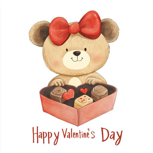 Cute bear with red bow in heart-shaped box of chocolates