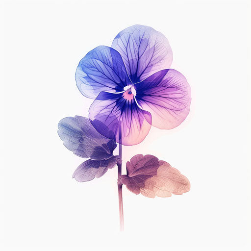 Contemporary illustration of a tiny violet flower tattoo in neon colors, on white