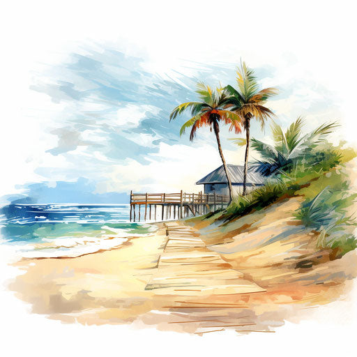 Beach clipart in the style of Oil painting, on a white background