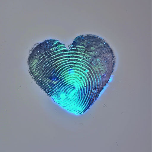 Bioluminescent fingerprint heart tattoo in green and blue