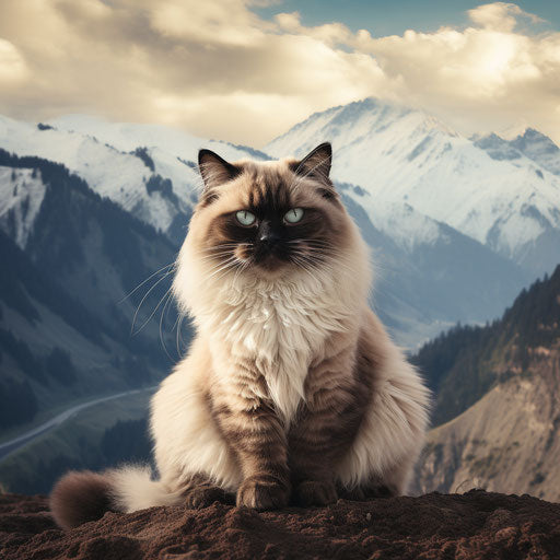 Himalayan cat sitting in front of mountain scenery