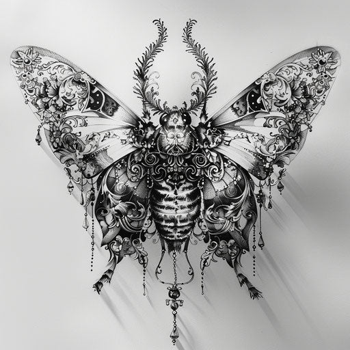 Gothic-style death moth tattoo with lace and Victorian motifs