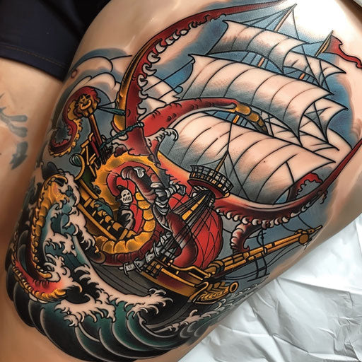 Pirate ship battling giant kraken in neo-traditional tattoo