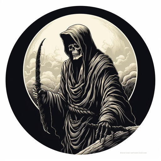 Black and white illustration of a reaper with a scythe