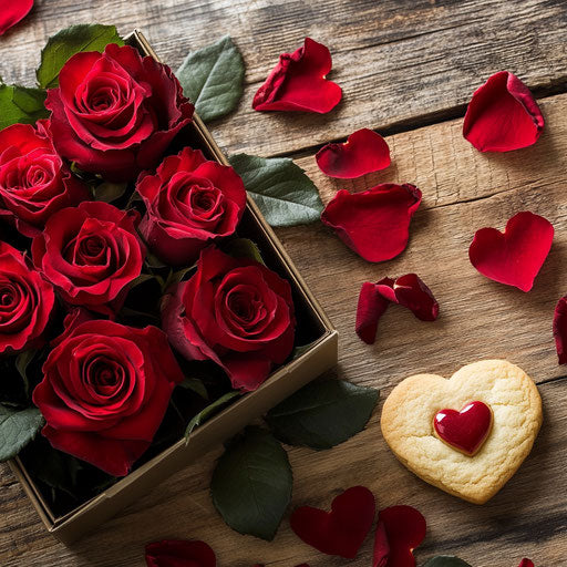 Red roses in an elegant box with scattered petals and cookie