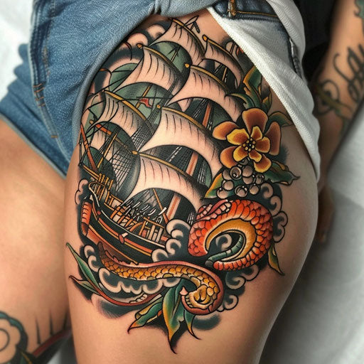 Thigh tattoo with classic nautical themes