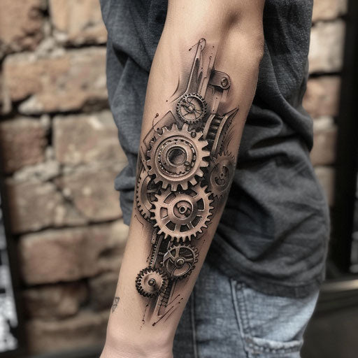 Forearm tattoos for women in the style of Adrian Smith featuring mechanical gears