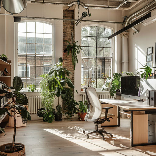 Serene office space with plants, natural light, and modern Scandinavian furniture