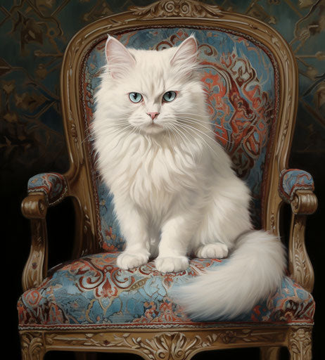 White cat with blue eyes sitting on a chair