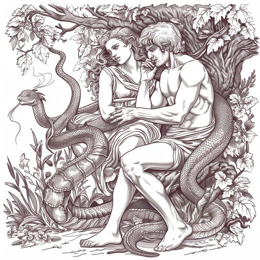 Serpent's Temptation: Adam and Eve detailed illustration