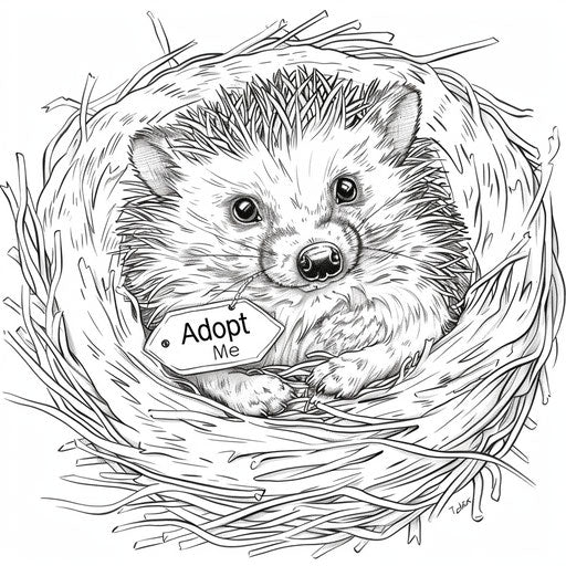 Hedgehog in cozy nest with 'Adopt Me' tag