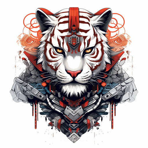 Samurai tiger on stylised armor, linear style, white background