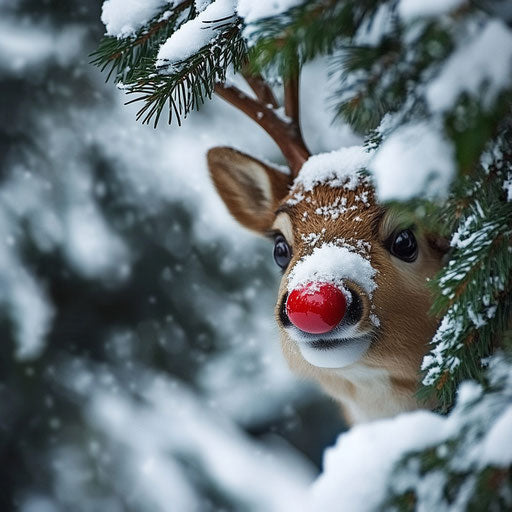Rudolph peeking from behind a snow-covered pine tree