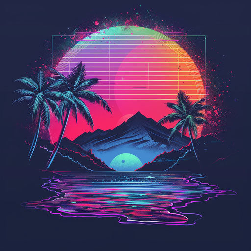 Retro art logo with neon colors on dark background, nostalgic vibe