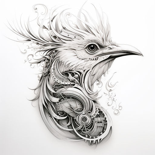 Sabre bird tattoo design - monochrome style, ritualistic masks, white background
