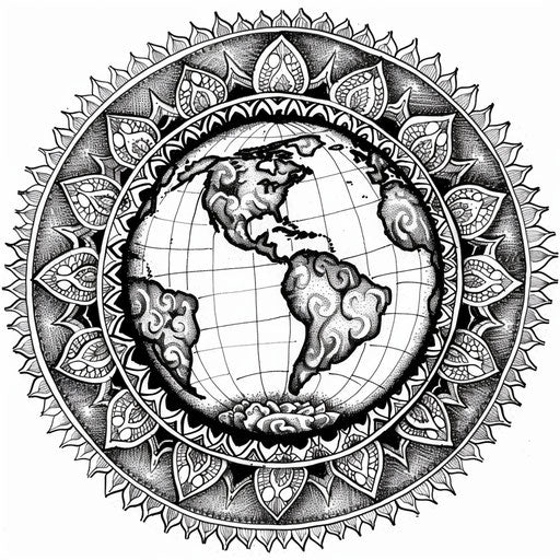 Earth mandala surrounded by intricate designs. Coloring page