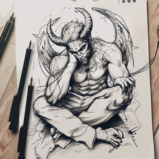 Peaceful flat tattoo sketch of Lucifer in a contemplative pose