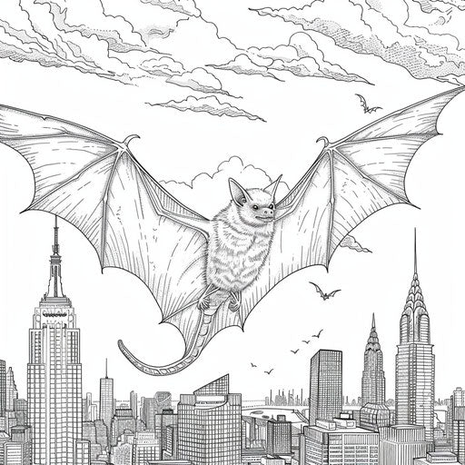 Bat flying over city skyline at dusk.