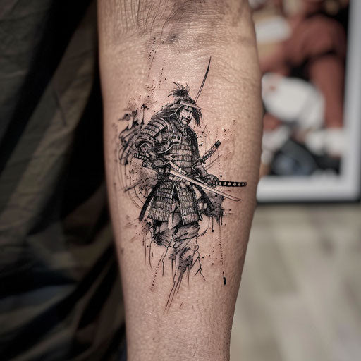 Small tattoo with a samurai warrior, in the style of Adrian Smith