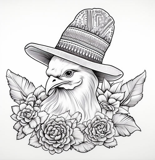 A turkey in a hat, for Thanksgiving coloring pages, full body