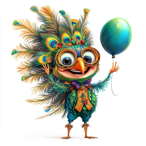 Humorous caricature of a peacock feather with human characteristics