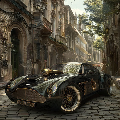 Steampunk Aston Martin DB7 Zagato with brass fittings and gears, parked in an old Victorian town