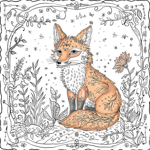 Enchanting fox in a magical garden in the style of Johanna Basford Coloring book page