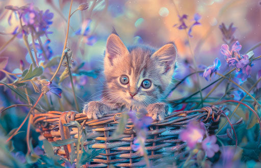 Kitten sitting on a basket in the grass, light purple and teal style
