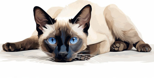 Siamese cat with blue eyes lying on white surface