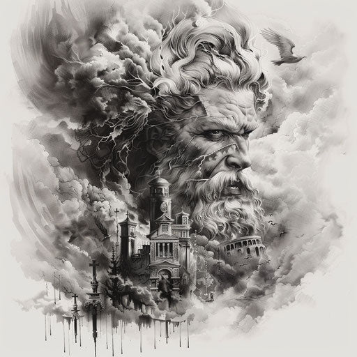 Gothic style tattoo of Zeus with dark, brooding backdrop