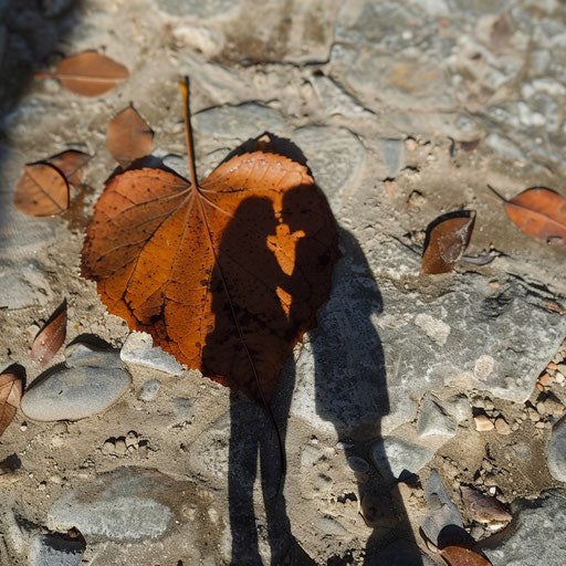 Couple's shadows on heart-shaped leaf on the ground