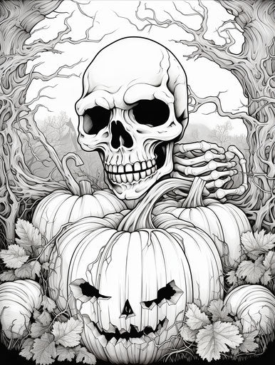 Halloween coloring page with grave head and pumpkins