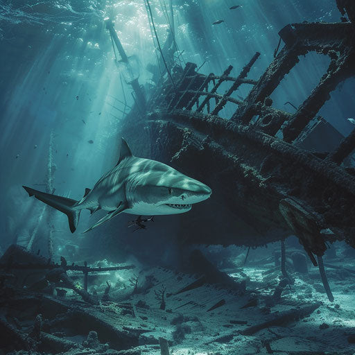 Tiger shark navigating through a sunken shipwreck