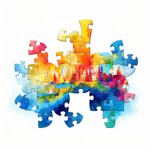 Puzzle illustration in the style of Impressionistic Art, on a white background