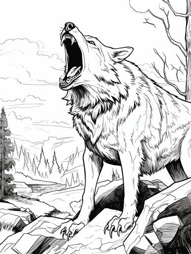 Wolf sitting in center, hand-colored, Hergé style, comic