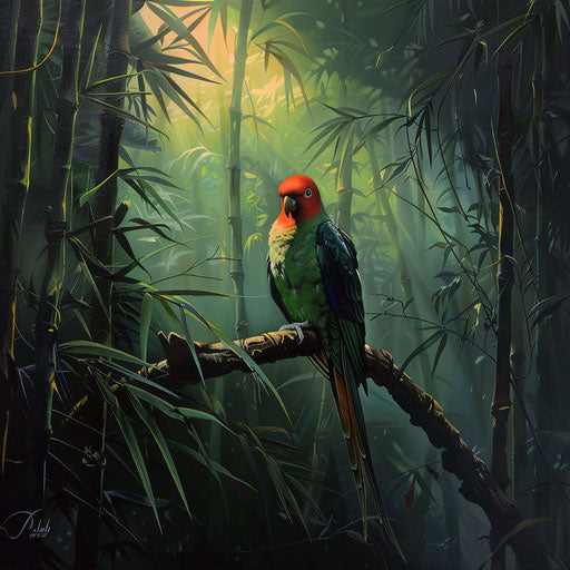 Swift parrot exploring a dense bamboo forest