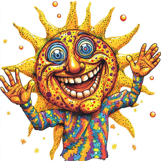 Humorous caricature of a sun clipart with human features, exaggerated dimpled chin, fingered hands, polka-dotted, vibrant colors, cartoon style, high resolution, isolated