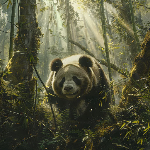Giant panda exploring a mysterious bamboo grove