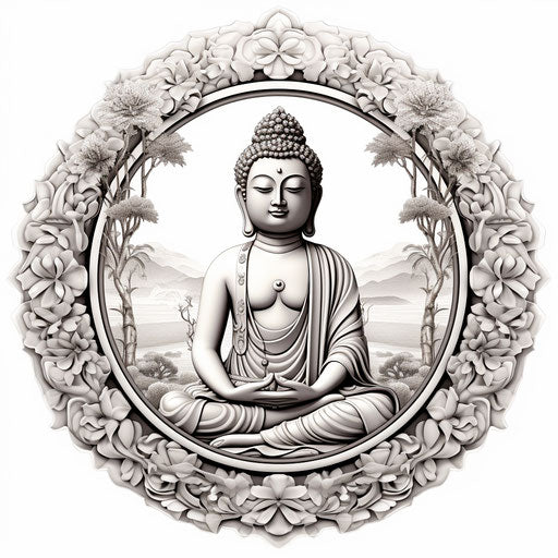 Buddha drawing in oval frame, monochromatic graphic design